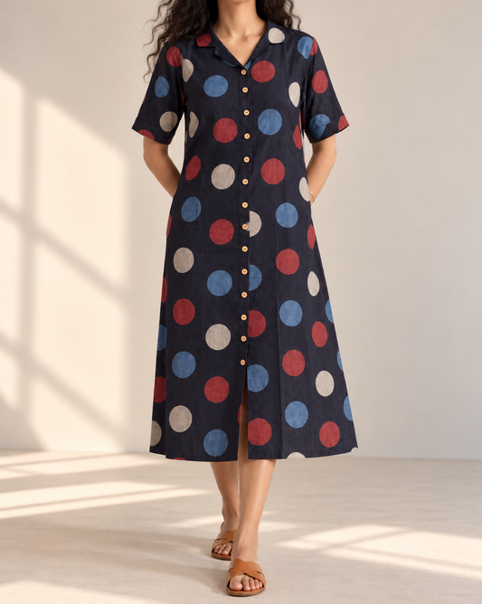 Lead Black Polka Dot Button-Down Midi Dress