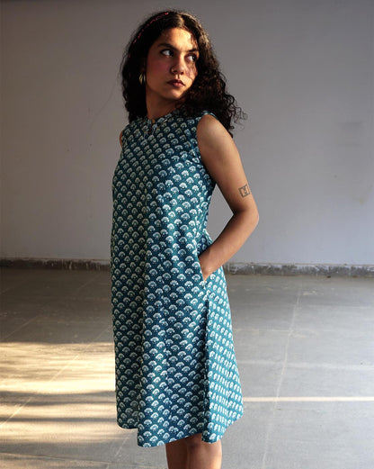 Teal Handblock Printed Dress