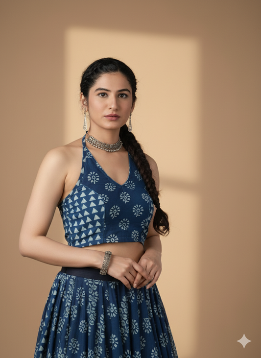 Women Blue Printed Pure Cotton Saree Blouse